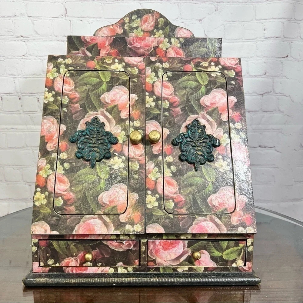 VINTAGE wooden Jewelry cabinet. Victorian look decoupaged. With a catch all